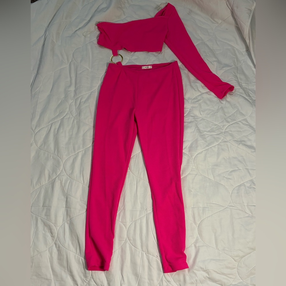 Hot Pink Asymmetrical Cropped Two Piece Set